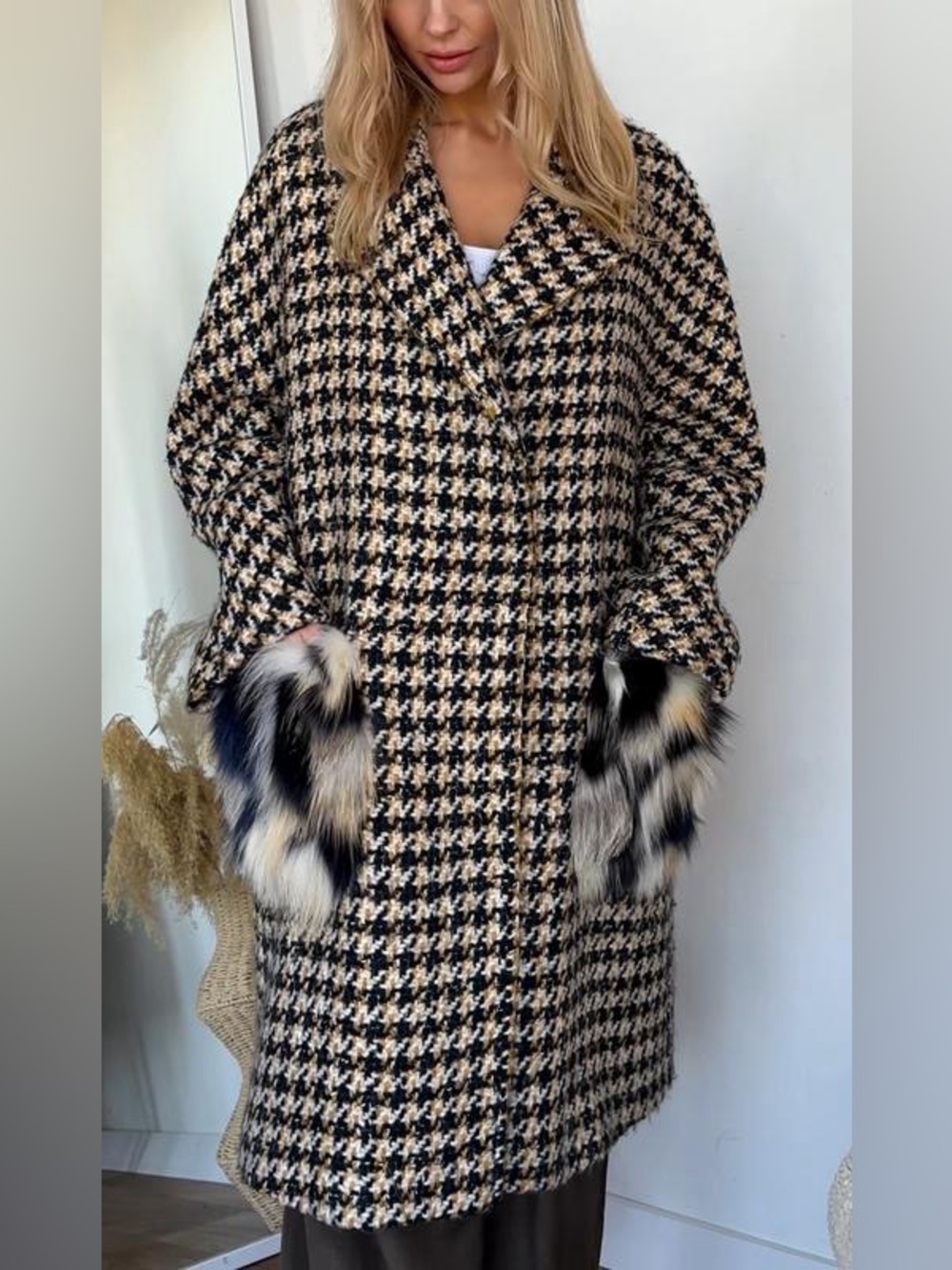 Ermanno Scervino Houndstooth Wool Coat Fur Pockets IT 46